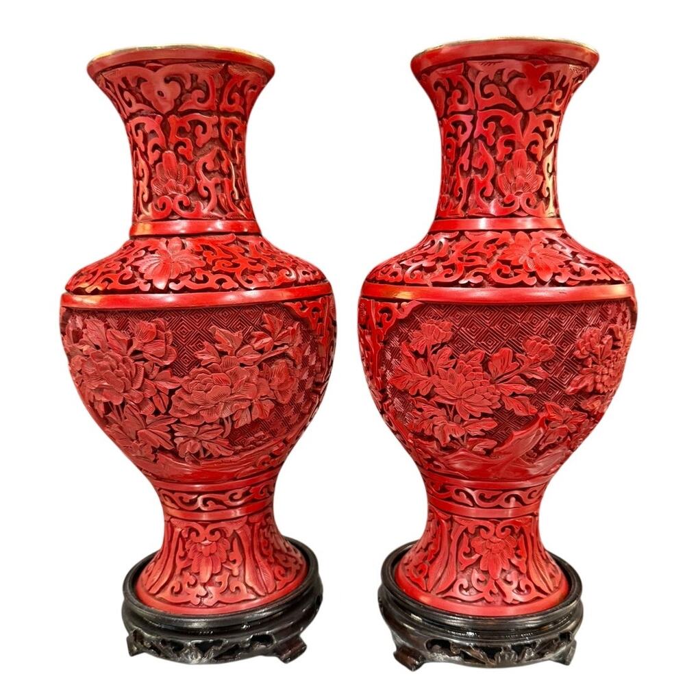 Pair of Vintage Chinese Cinnabar Lacquer Vases Beijing Forbidden City 9" Peony